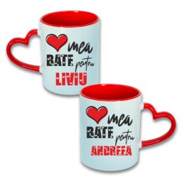 Set 2 cani cuplu personalizate cu numele persoanei iubite, model Inima mea bate pentru el,ea