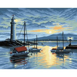 Set pictura pe numere premium, cu sasiu, Far si vapoare, 40x50 cm
