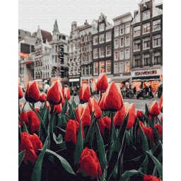 Set pictura pe numere premium, cu sasiu, Lalele in Amsterdam, 40x50 cm