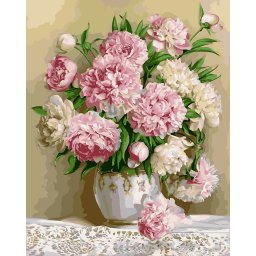 Set pictura pe numere premium, cu sasiu, Bujori delicati pe masa, 40x50 cm