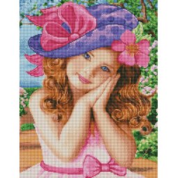 Set goblen cu diamante, cu sasiu, Fetita cu palarie, 40x50 cm