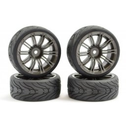 Set 4 roti pentru automodele Touring 1/10 - Anvelope profil in V, jante cu spite GunMetal t1