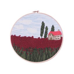 Set pentru brodat cu model imprimat, cu gherghef, Casuta rustica, O26,5cm