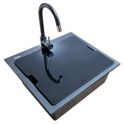 Chiuveta bucatarie granit CookingAid Cube ON5610 Neagra Black Metal quartz + Tocator Sticla neagra temperizata Invisible + accesorii montaj