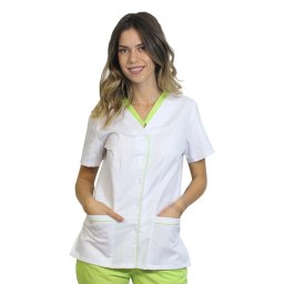 Halat medical cu elastan alb cu paspol lime, capse si trei buzunare aplicate