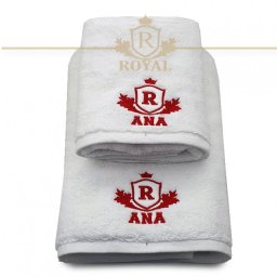 Set 2 Prosoape baie Brodate Alb cu broderie color, Royal + Nume, bumbac 100%