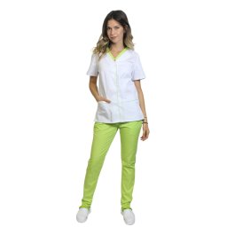 Costum medical cu elastan format din bluza alb cu paspol lime si pantaloni lime cu elastic