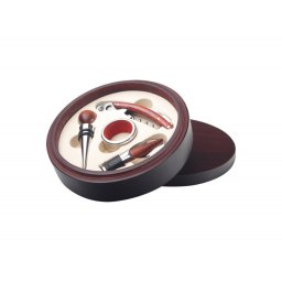 Set 4 accesorii vin in cutie rotunda, ø160×40 mm, Everestus, 20FEB17232, Lemn, Otel inoxidabil, Maro