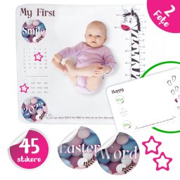 Paturica Milestone plusata cu 2 fete pentru fotografierea bebelusului Long Neck Zebra & Foot Steps, cu 45 Stickere Cadou