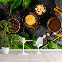 Fototapet 3D Cafea, Lapte, Zahăr și Frunze Tropicale CMH84 (Alege materialul: : Tapet Hartie Semilucios + Adeziv)
