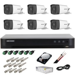 Sistem complet supraveghere 5 MP Hiwatch by Hikvision Turbo HD cu 6 camere Bullet IR 40 m, sursa alimentare, HDD 1TB, full accesorii
