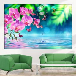Tablou Canvas Orhidee cu Fluturi si Stropi de Apa SPA40 (Dimensiune LxH: 105x70cm)