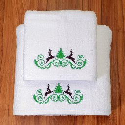 Set 2 Prosoape baie Brodate Alb cu broderie color, Model Craciun 1, bumbac 100%