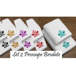 Set 2 Prosoape baie Brodate, Model Royal, Prosoape HOTEL, bumbac 100%, alb, 70x140cm+50x90cm-680gr/mp
