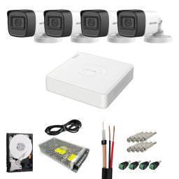 Kit complet 4 camere supraveghere exterior 5MP TurboHD Hikvision IR 25M DVR 4 Canale sursa alimentare accesorii + hard 1TB