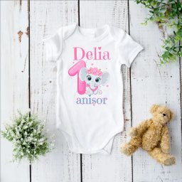 Body aniversar pentru bebe personalizat cu nume model Elefantel - fetita