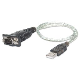 Manhattan USB-A to Serial Converter cable, 45cm, Male to Male, Serial/RS232/COM/DB9, Prolific PL-2303RA Chip, Equivalent to Startech ICUSB232V2, Black/Silver cable, Three Year Warranty, Blister