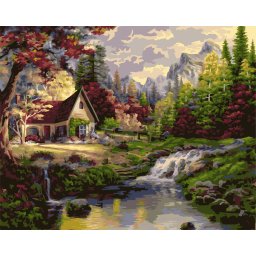 Set pictura pe numere, cu sasiu, Ferma langa rau, 40x50 cm