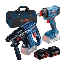 Pachet Bosch - GBH 180-LI + GDX 180-LI + GBA + GAL 18V-40 + 1619BZ0100 - Rotopercutor SDS-Plus, 2 J + Masina de insurubat cu impact, 180 Nm, M6-M14 + Set 2 acumulatori si incarcator, Li-Ion, 18 V, 4 Ah + Geanta textila