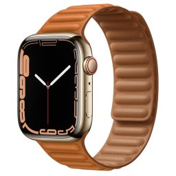 Ceas Smartwatch Apple Watch Series 7, GPS + Cellular, 41mm Gold Stainless Steel Case, Golden Brown Leather Link