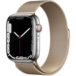 Ceas Smartwatch Apple Watch Series 7, GPS + Cellular, 41mm Silver Stainless Steel Case, Gold Milanese Loop