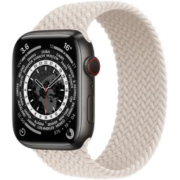Ceas Smartwatch Apple Watch Series 7, GPS + Cellular, 41mm Space Black Titanium Case, Starlight Braided Solo Loop