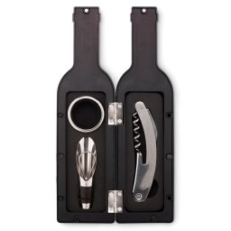 Set 3 accesorii de vin in cutie cu forma de sticla, Everestus, SEAV01, otel inoxidabil, negru, rosu