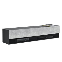 Comoda TV Suspendabila pe Perete cu 2 Usi si 2 Rafturi, Negru/Efect Beton, 140x31x30 cm