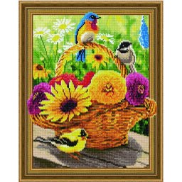 Set goblen cu diamante, cu sasiu, Pasari si flori, 40x50cm