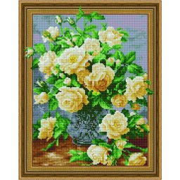 Set goblen cu diamante, cu sasiu, Buchet de trandafiri albi, 40x50cm