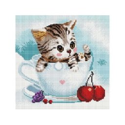 Set goblen cu diamante, cu sasiu, Pisicuta si cirese, 30x30cm