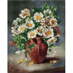 Set goblen cu diamante, cu sasiu, Flori albe in cana, 40x50 cm