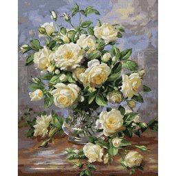 Set pictura pe numere, cu sasiu, Buchet de trandafiri albi, 40x50 cm