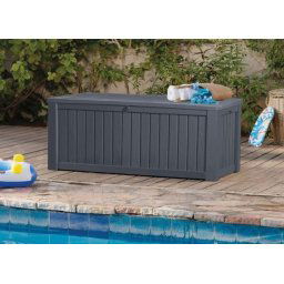 Lada depozitare terasa, de exterior, pentru jucarii, perne, cu capac rezistent, material plastic polipropilena, culoare grafit, Keter Rockwood, dimensiuni 155x72,4x64,4 cm, capacitate 570 L