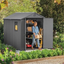 Casuta de gradina, Keter, Gri, 6x8, colectie Darwin, cu usa dubla, cu podea, cu ventilatie, cu ranforsare metalica