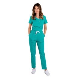 Costum medical stretch verde turcoaz cu bluza in V si pantaloni cu snur si elastic