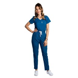 Costum medical stretch albastru jeans cu bluza in V si pantaloni cu snur si elastic