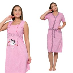 Compleu maternitate, Camasa alaptat + Halat gravide, Caroline Pink, maneca scurta