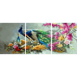 Set 3 picturi pe numere, cu sasiu, Familie de pauni, 50 x 120 cm
