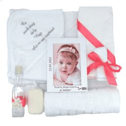Trusou botez fetita, cu rama foto personalizata, corai - ILIF205077