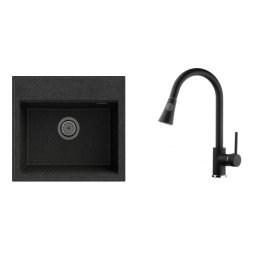 Set Chiuveta de Bucatarie Granit 50x56x15 cm, cu Baterie dus extractibil, Sifon scurgere, negru grafit