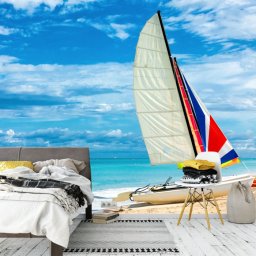 Fototapet 3D Barca cu Panze Colorate pe Plaja BFS44 (Alege materialul: : Autocolant Perete Laminat Lucios)