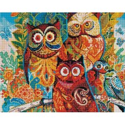Set goblen cu diamante, cu sasiu, Bufnite colorate, 40x50 cm