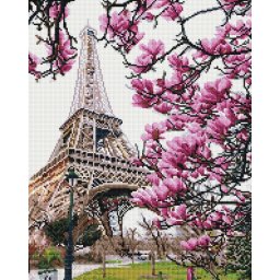 Set goblen cu diamante, cu sasiu, Turnul Eiffel inflorit, 40x50 cm