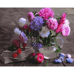 Set pictura pe numere, cu sasiu, Varietate de crizanteme, 40x50 cm