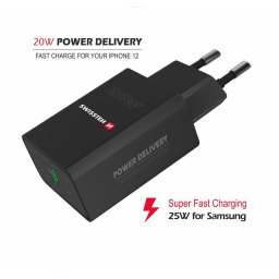 Incarcator retea priza PD iPhone si Samsung, 25W, Swissten, negru