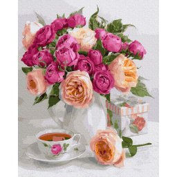 Set pictura pe numere, cu sasiu, Buchet de trandafiri pe masa, 40x50 cm