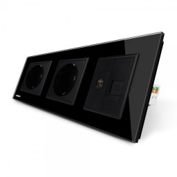 Priza tripla Livolo cu rama din sticla 2 prize simple+TV/internet negru, VL-C7C3EU/VC-12