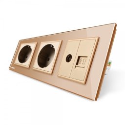 Priza tripla Livolo cu rama din sticla 2 prize simple+TV/internet auriu, VL-C7C3EU/VC-13