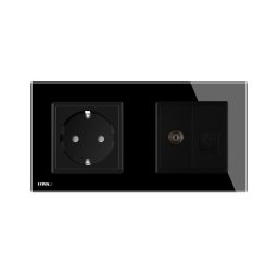 Priza dubla Livolo cu rama din sticla 1 priza Schuko+TV/internet, Negru, VL-C7C2EU/VC-12